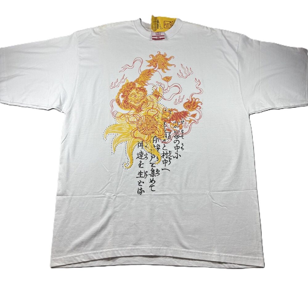 Kanji Men Vintage Y2K T-Shirt NWT Bling Japanese Lion Sun Bling White 3XL L151